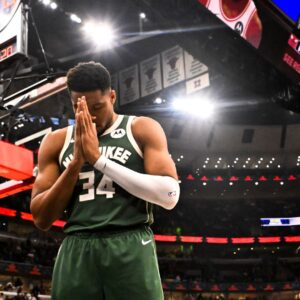 Oct 12, 2025; Chicago, Illinois, USA; Milwaukee Bucks forward Giannis Antetokounmpo (34) prays before the first half against the Chicago Bulls at the United Center.