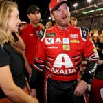 Nov 19, 2017; Homestead, FL, USA; NASCAR Cup Series driver Dale Earnhardt Jr. (88) with his wife Amy Reimann after the Ford EcoBoost 400 at Homestead-Miami Speedway.