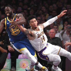 Oct 16, 2019; Los Angeles, CA, USA; Golden State Warriors forward Draymond Green (23) and Los Angeles Lakers guard Danny Green (14) battle for the ball in the first half at Staples Center