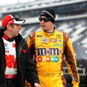 Feb 13, 2010; Daytona Beach, FL, USA; NASCAR Sprint Cup Series driver Greg Biffle (16) talks with Kyle Busch during practice for the Daytona 500 at Daytona International Speedway.