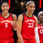 Jun 4, 2023; Indianapolis, Indiana, USA; Las Vegas Aces forward Candace Parker (3) and forward A'ja Wilson (22) celebrates the win against the Indiana Fever at Gainbridge Fieldhouse.