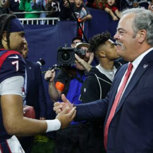 Houston Texans chief executive officer Cal McNair (right) greets quarterback C.J. Stroud (7) after a 2024 AFC wild card game against the Cleveland Browns at NRG Stadium.
