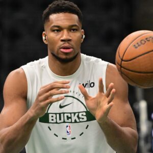 Nov 7, 2025; Milwaukee, Wisconsin, USA; Milwaukee Bucks forward Giannis Antetokounmpo (34) warms up before game against the Chicago Bulls at Fiserv Forum