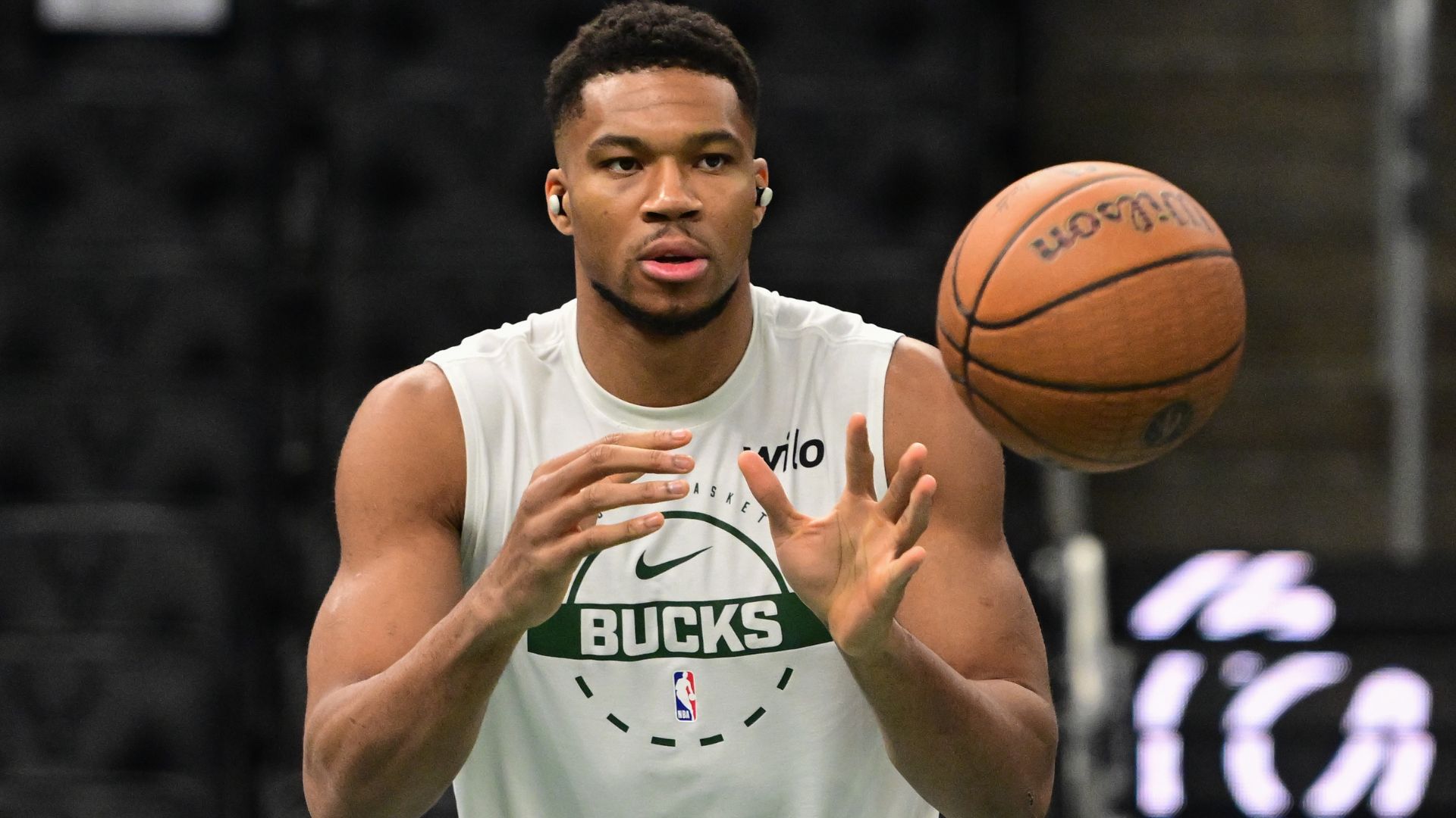 Nov 7, 2025; Milwaukee, Wisconsin, USA; Milwaukee Bucks forward Giannis Antetokounmpo (34) warms up before game against the Chicago Bulls at Fiserv Forum