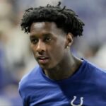 Indianapolis Colts cornerback Sauce Gardner (1) uses crutches as he leaves the field Sunday, Nov. 30, 2025, after the Indianapolis Colts lost to the Houston Texans 20-16 at Lucas Oil Stadium in Indianapolis.