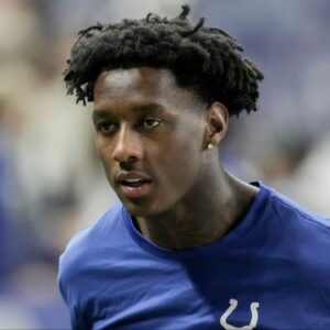 Indianapolis Colts cornerback Sauce Gardner (1) uses crutches as he leaves the field Sunday, Nov. 30, 2025, after the Indianapolis Colts lost to the Houston Texans 20-16 at Lucas Oil Stadium in Indianapolis.