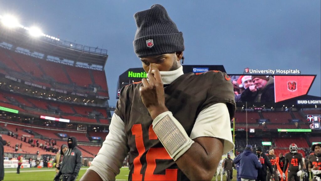Cleveland Browns quarterback Shedeur Sanders (12) walks off the field after losing to the Tennessee Titans in an NFL football game at Huntington Bank Field, Dec. 7, 2025, in Cleveland, Ohio.