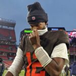 Cleveland Browns quarterback Shedeur Sanders (12) walks off the field after losing to the Tennessee Titans in an NFL football game at Huntington Bank Field, Dec. 7, 2025, in Cleveland, Ohio.