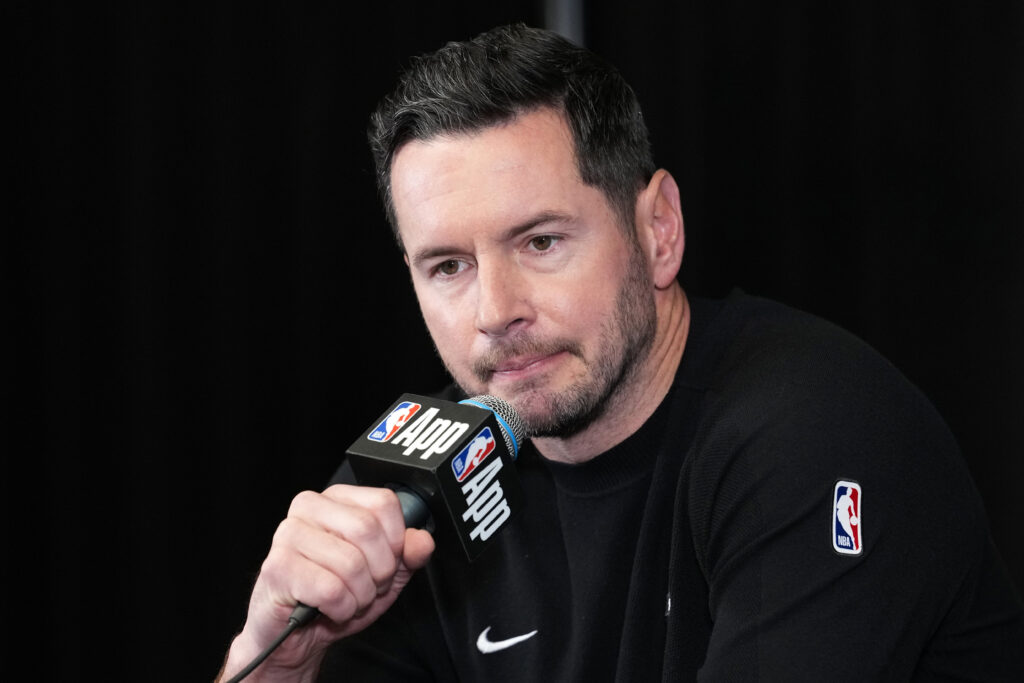 Dec 20, 2025; Inglewood, California, USA; Los Angeles Lakers Head Coach JJ Redick at press conference prior to the game against the LA Clippers at the Intuit Dome. Mandatory Credit: Kirby Lee-Imagn Images