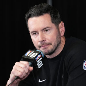 Dec 20, 2025; Inglewood, California, USA; Los Angeles Lakers Head Coach JJ Redick at press conference prior to the game against the LA Clippers at the Intuit Dome. Mandatory Credit: Kirby Lee-Imagn Images
