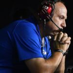 Jul 5, 2019; Daytona Beach, FL, USA; Kaulig Racing president Chris Rice watches his driver Ross Chastain (16) during the Firecracker 250 at Daytona International Speedway