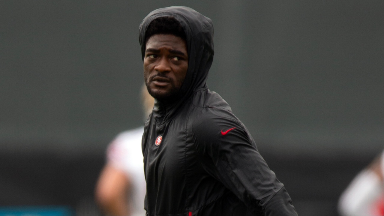 San Francisco 49ers wide receiver Brandon Aiyuk works out with his teammates during the second day of training camp.