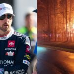 Denny Hamlin (L) and Photos of the fire shared by Lucia-Riverbend Fire Department