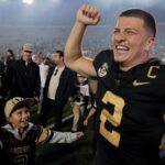 Vanderbilt quarterback Diego Pavia (2) celebrates after the team’s win Kentucky at FirstBank Stadium in Nashville, Tenn., Saturday, Nov. 22, 2025.