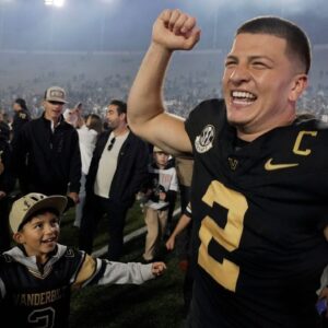 Vanderbilt quarterback Diego Pavia (2) celebrates after the team’s win Kentucky at FirstBank Stadium in Nashville, Tenn., Saturday, Nov. 22, 2025.