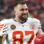 Kansas City Chiefs tight end Travis Kelce (87) warms up prior to the game against the Dallas Cowboys at AT&T Stadium.