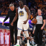 Apr 15, 2025; San Francisco, California, USA; Golden State Warriors forward Draymond Green (23) walks towards the team bench with head coach Steve Kerr after a play against the Memphis Grizzlies in the third quarter at the Chase Center.