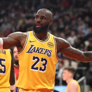 Dec 4, 2025; Toronto, Ontario, CAN; Los Angeles Lakers forward LeBron James (23) reacts after losing the ball against the Toronto Raptors in the first half at Scotiabank Arena