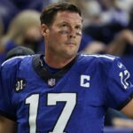 Indianapolis Colts quarterback Philip Rivers (17) looks on in the second quarter of the game against the San Francisco 49ers at Lucas Oil Stadium.