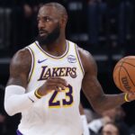 Nov 23, 2025; Salt Lake City, Utah, USA; Los Angeles Lakers forward LeBron James (23) looks for the play against the Utah Jazz during the second half at Delta Center