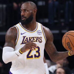 Nov 23, 2025; Salt Lake City, Utah, USA; Los Angeles Lakers forward LeBron James (23) looks for the play against the Utah Jazz during the second half at Delta Center