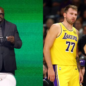 Shaquille O'Neal(L), Luka Doncic and JJ Redick(R)