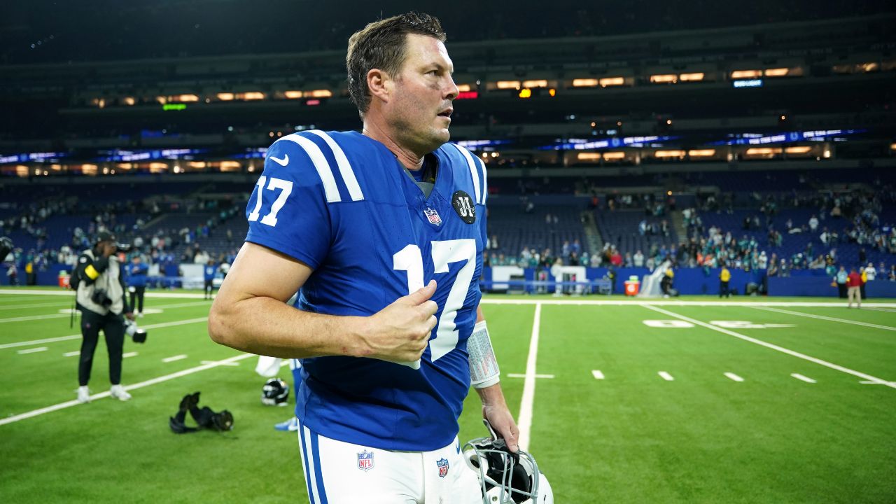 Indianapolis Colts quarterback Philip Rivers (17) reacts after a game against the Jacksonville Jaguars at Lucas Oil Stadium.