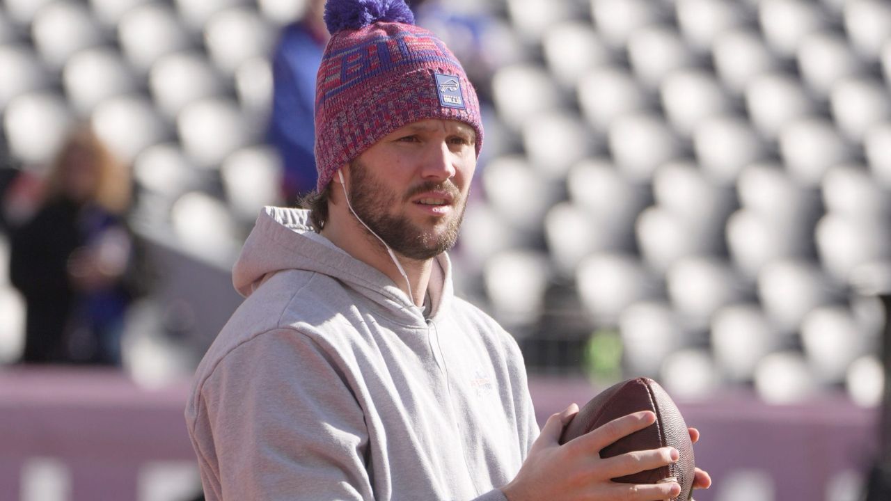 Bills quarterback Josh Allen gets out hours earlier on Empower FIeld at Mile High in Denver, Colorado to warm up before the game on Jan. 17, 2026.