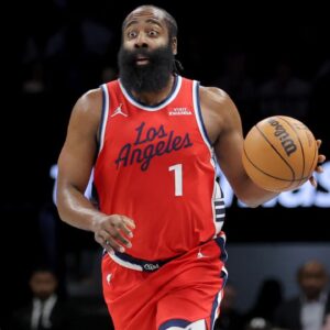 Los Angeles Clippers guard James Harden (1) brings the ball up court against the Brooklyn Nets during the first quarter at Barclays Center.
