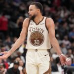 Jan 5, 2026; Inglewood, California, USA; Golden State Warriors guard Stephen Curry (30) reacts against the LA Clippers in the second half at Intuit Dome