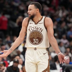 Jan 5, 2026; Inglewood, California, USA; Golden State Warriors guard Stephen Curry (30) reacts against the LA Clippers in the second half at Intuit Dome