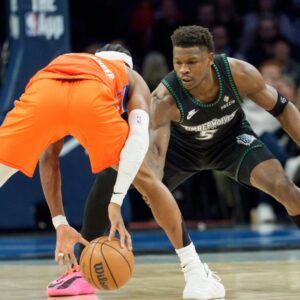 Jan 29, 2026; Minneapolis, Minnesota, USA; Minnesota Timberwolves guard Anthony Edwards (5) defends Oklahoma City Thunder guard Shai Gilgeous-Alexander (2) in the first quarter at Target Center
