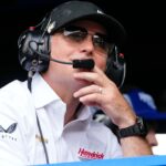 Hendrick Motorsports' Jeff Gordon watches the restart from the pit of NASCAR Cup Series driver Kyle Larson (5) Sunday, July 27, 2025, during the Brickyard 400 at Indianapolis Motor Speedway.