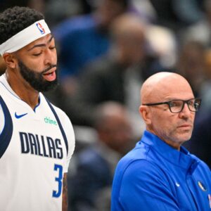 Oct 29, 2025; Dallas, Texas, USA; Dallas Mavericks forward Anthony Davis (3) exchanges words with Dallas Mavericks head coach Jason Kidd as Davis walks off the court during the first quarter at the American Airlines Center