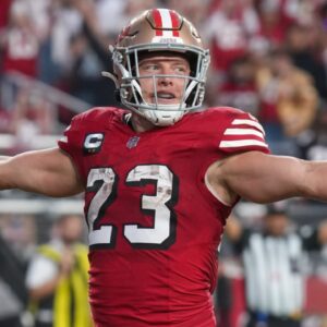 San Francisco 49ers running back Christian McCaffrey (23) celebrates after a touchdown during the second quarter against the Atlanta Falcons at Levi's Stadium.