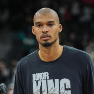 Jan 15, 2026; San Antonio, Texas, USA; San Antonio Spurs forward/center Victor Wembanyama (1) after the game against the Milwaukee Bucks at Frost Bank Center