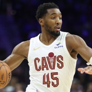 Cleveland Cavaliers guard Donovan Mitchell (45) drivers against the Philadelphia 76ers during the third quarter at Xfinity Mobile Arena.