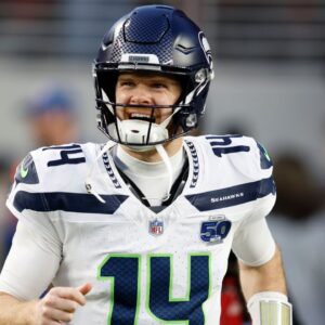 Seattle Seahawks quarterback Sam Darnold (14) reacts during the first half at Levi's Stadium.