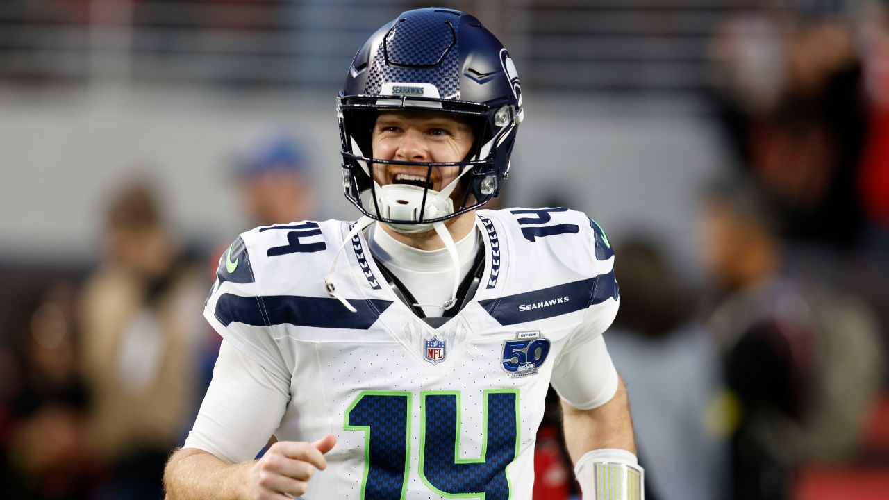 Seattle Seahawks quarterback Sam Darnold (14) reacts during the first half at Levi's Stadium.
