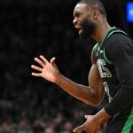 Jan 10, 2026; Boston, Massachusetts, USA; Boston Celtics guard Jaylen Brown (7) reacts after a non-call against the San Antonio Spurs during the second half at the TD Garden.