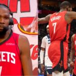 Jan 16, 2026; Houston, Texas, USA; Houston Rockets forward Jabari Smith Jr. (10) reacts to forward Kevin Durant (7) dunk against the Minnesota Timberwolves in the second half at Toyota Center.