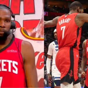 Jan 16, 2026; Houston, Texas, USA; Houston Rockets forward Jabari Smith Jr. (10) reacts to forward Kevin Durant (7) dunk against the Minnesota Timberwolves in the second half at Toyota Center.