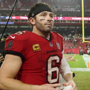 Tampa Bay Buccaneers quarterback Baker Mayfield (6) leaves the field after defeating the Carolina Panthers at Raymond James Stadium.