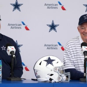 Dallas Cowboys coach Mike McCarthy (left) and owner Jerry Jones at training camp press conference at the River Ridge Fields.
