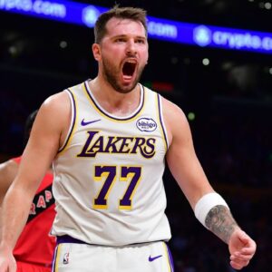 Los Angeles Lakers guard Luka Doncic (77) reacts during the first half at Crypto.com Arena