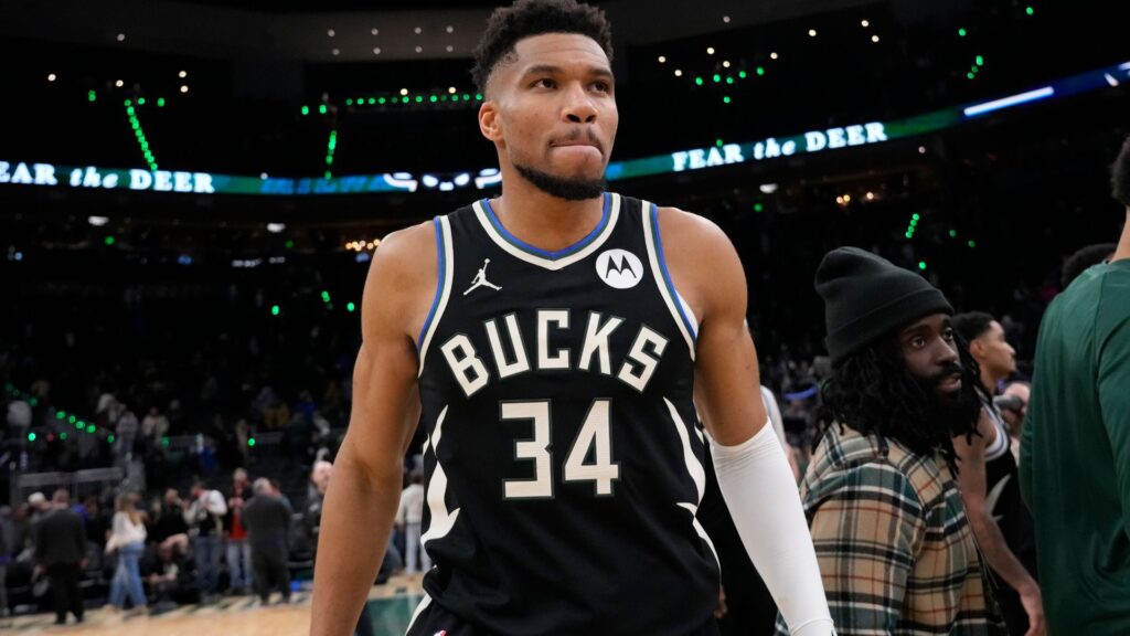 Jan 23, 2026; Milwaukee, Wisconsin, USA; Milwaukee Bucks forward Giannis Antetokounmpo (34) walks from the court following the game against the Denver Nuggets at Fiserv Forum.