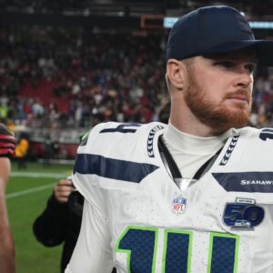 Seattle Seahawks quarterback Sam Darnold (14) reacts after the game at Levi's Stadium.