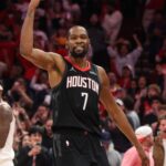 Jan 5, 2026; Houston, Texas, USA; Houston Rockets Kevin Durant (7) celebrates his three point winning basket against the Phoenix Suns in the fourth quarter at Toyota Center.