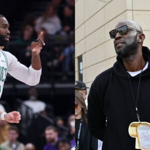 Jaylen Brown (L) and Kevin Garnett (R)