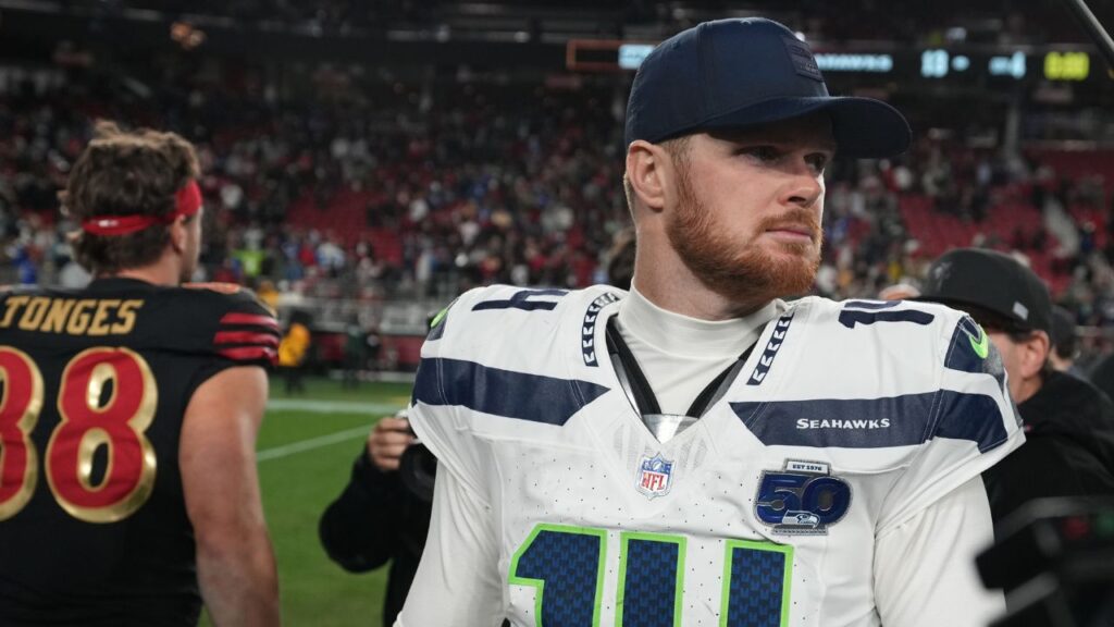 Seattle Seahawks quarterback Sam Darnold (14) reacts after the game at Levi's Stadium.